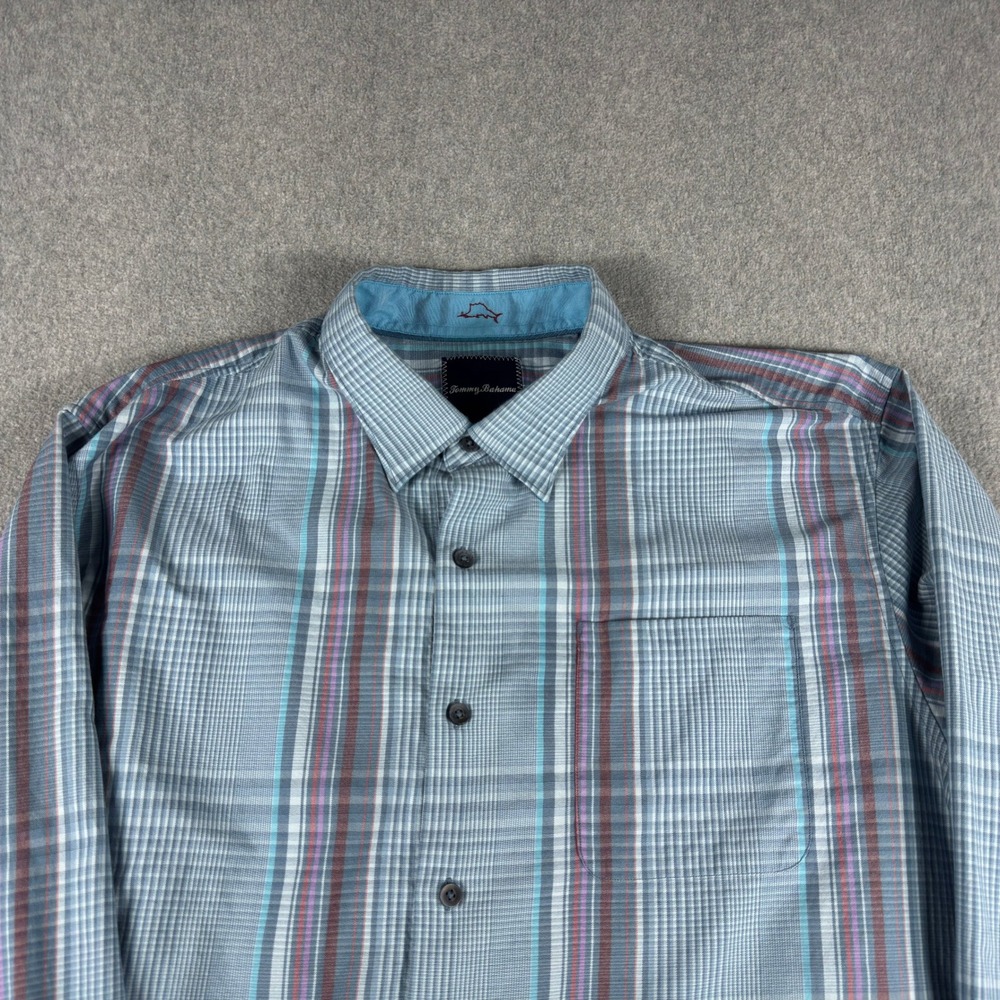 Tommy‎ Bahama Shirt Mens XL Blue Plaid Silk Long Sleeve Button